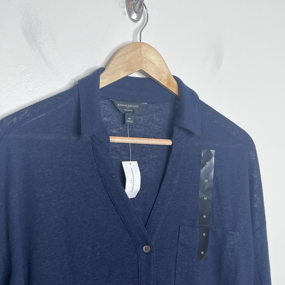 Banana Republic Linen Knit Button Up Shirt Navy Womens Size M Minimalist Indie - Picture 2 of 7